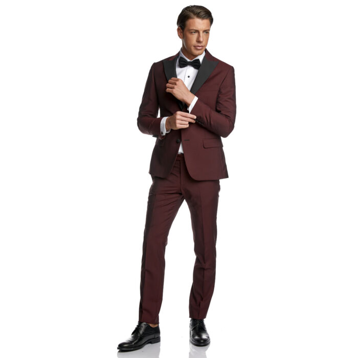 Κοστούμι  Γάμου Δίκουμπο με Μυτερό Πέτο σε Μπορντό Χρώμα 956R-081 και Slim Fit Εφαρμογή Bizzaro BZ0220510979_5502 - Image 4