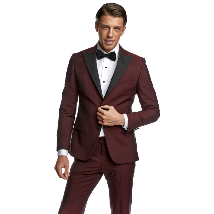 Κοστούμι  Γάμου Δίκουμπο με Μυτερό Πέτο σε Μπορντό Χρώμα 956R-081 και Slim Fit Εφαρμογή Bizzaro BZ0220510979_5502 - Image 3